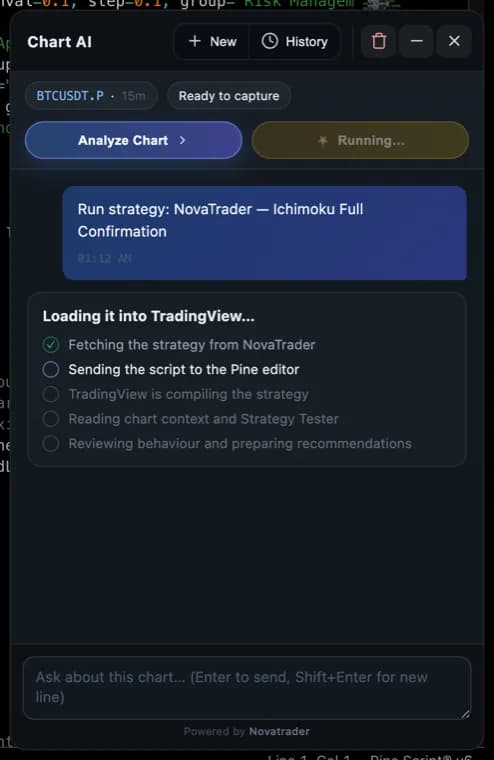 NovaTrader showing the steps it performs: fetching the strategy, sending it to the Pine editor, compiling, reading the Strategy Tester
