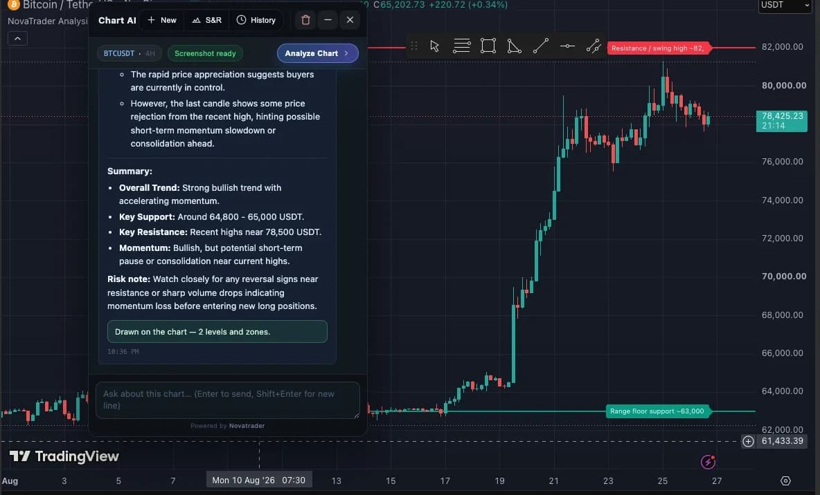 The NovaTrader panel open on a TradingView chart: an analysis of the visible chart, and the resistance and support levels it drew onto the price action